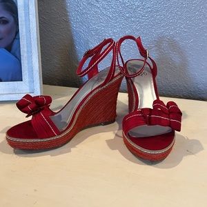 Impo red bow espadrille platform wedges